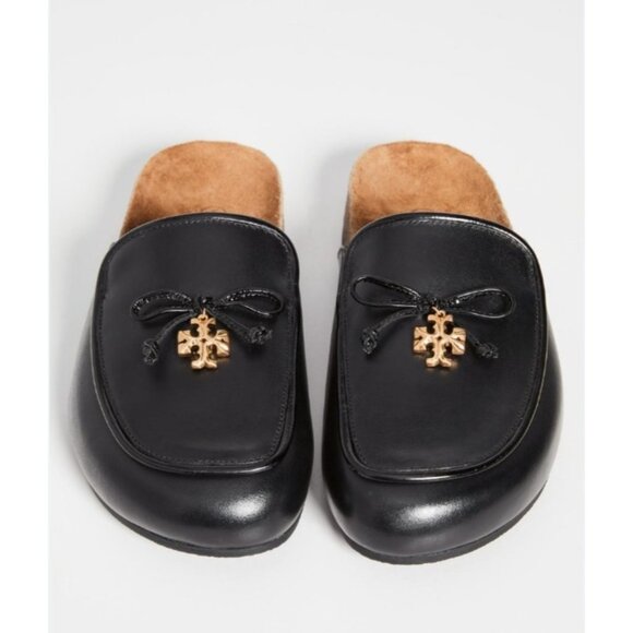 Tory Burch Charm Mules Flat Slip-on Black Genuine Leather Natural Cork US Size 7 - Picture 1 of 15